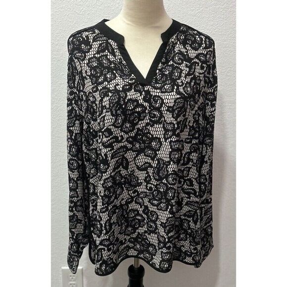 Gibson * Latimer Black‎ Floral Print Long Sleeves Rounded Hem Tunic Size L - Picture 1 of 10